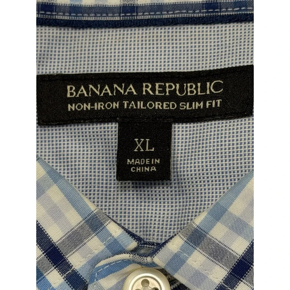 Banana Republic Non Iron Slim Fit Blue Plaid Button Long Sleeve Dress Shirt XL